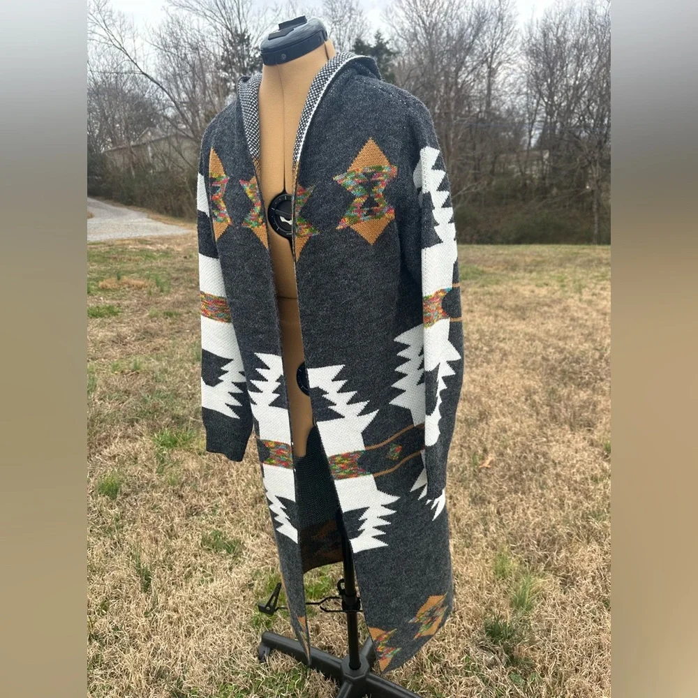 Gray Patterned Women's Sweater. Aztec. Long. Cardigan. Fun print - Picture 2 of 10